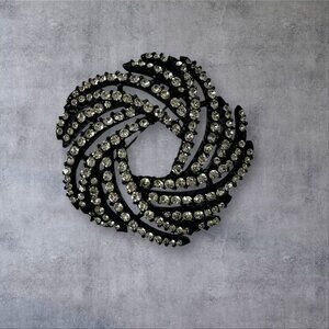 Vendome Black Clear Rhinestone Brooch Swirl Design Signed 2"
